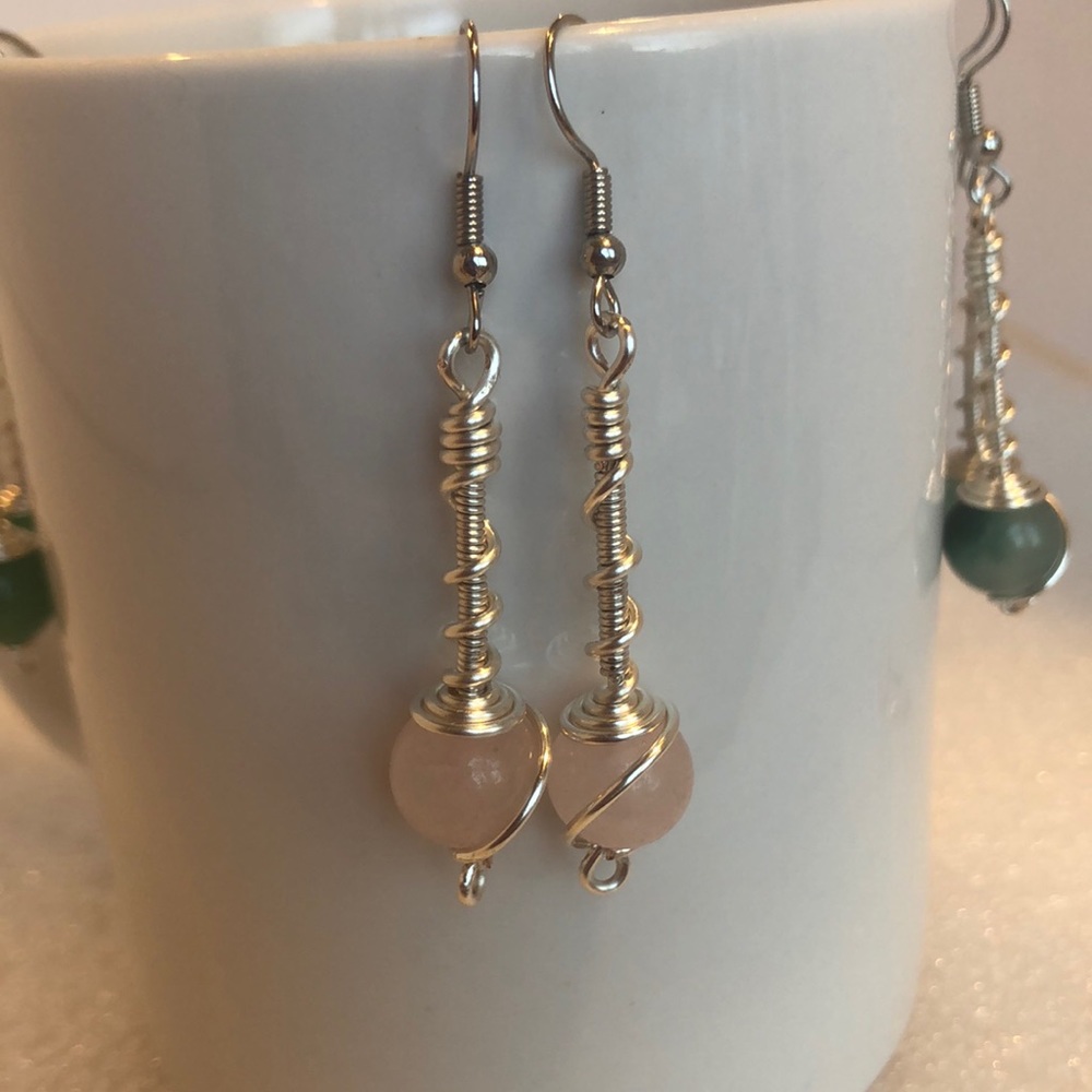 Rose quartz dangle wire wrap earrings handmade 2”